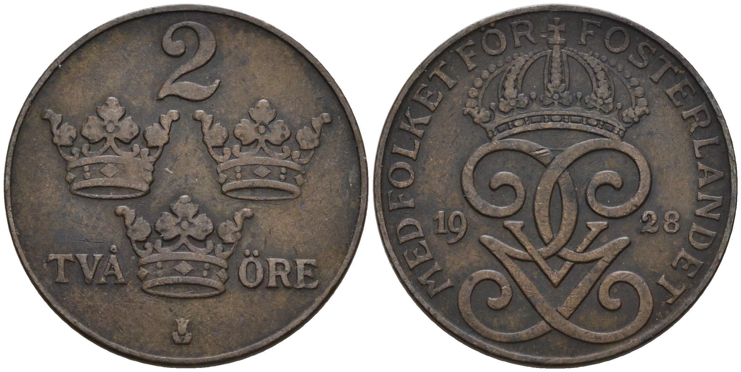 Швеция 2 эре 1928 Густав V (1907-1950) KM 778 бронза 4608-411