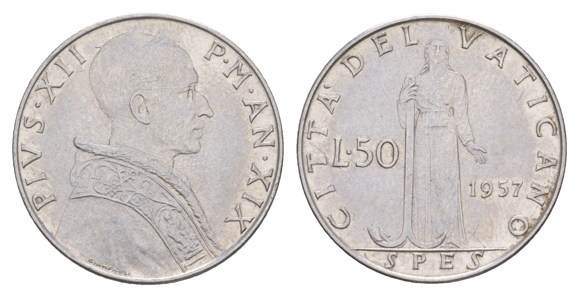 Ватикан 50 лир 1957 MCMLVII, Пий XII KM 54 нержавеющая сталь aUNC 4648-122
