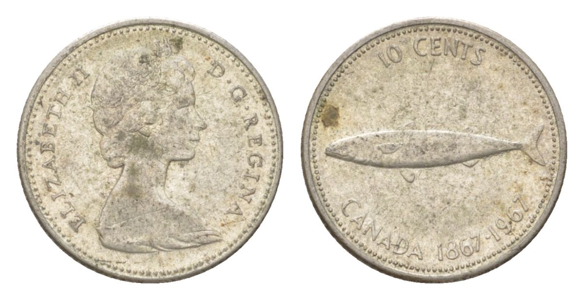 Канада 10 центов 1967 рыба, 100 лет Конфедерации Канада, Ссеребро 0.800, вес 2,3 гр, диаметр 18,3 мм KM 67 серебро 4623-956