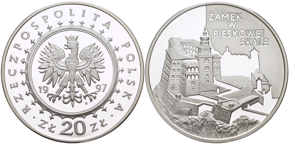 Польша 20 злотых 1997 MW, замок Пескова-Скала XIV век KM 332 серебро PROOF 1080-5-51