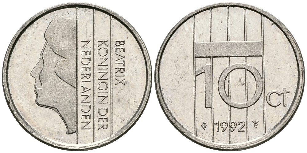 НИДЕРЛАНДЫ 10 ЦЕНТОВ 1992 БЕАТРИКС KM 203 никель 96-542