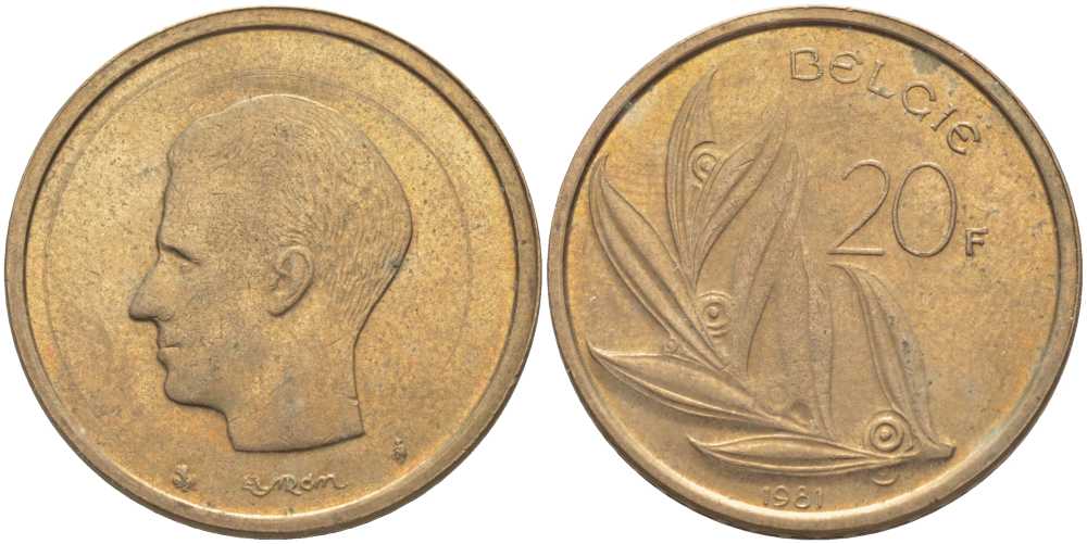 БЕЛЬГИЯ 20 ФРАНКОВ 1981 BELGIE, БОДУЭН I (1951-1993) KM 160 никель бронза 115-733