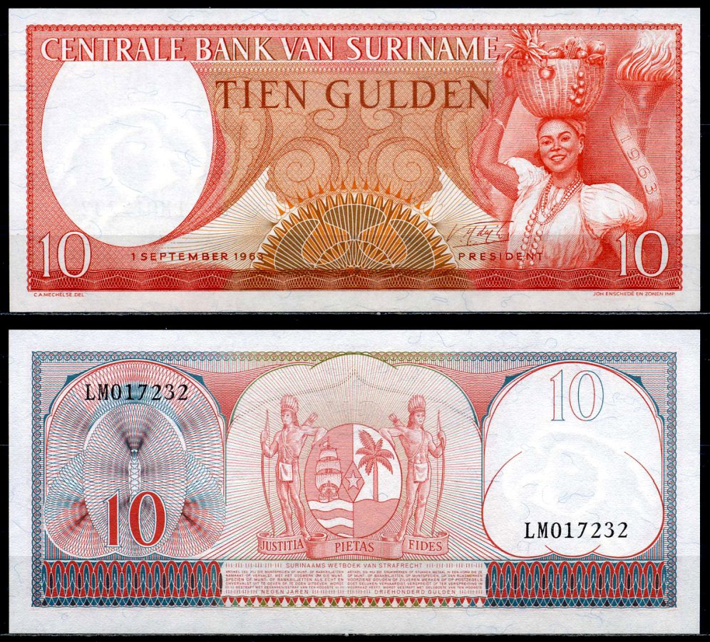 Суринам 10 гульденов 1963 женщина с фруктами Pick 121 b бумага UNC (пресс) 6287-6-3-2