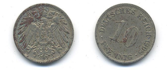 ГЕРМАНИЯ 10 ПФЕННИГОВ 1908 D KM 12, J. 13 медно-никель 58-343
