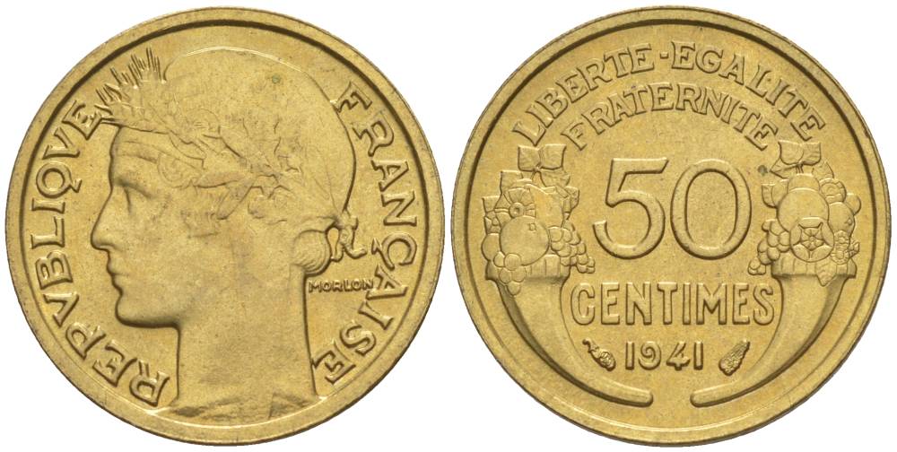 Франция 50 сантимов 1941 тип Морлон KM 894.1, Le Franc 192.18 алюминиевая бронза 44-358