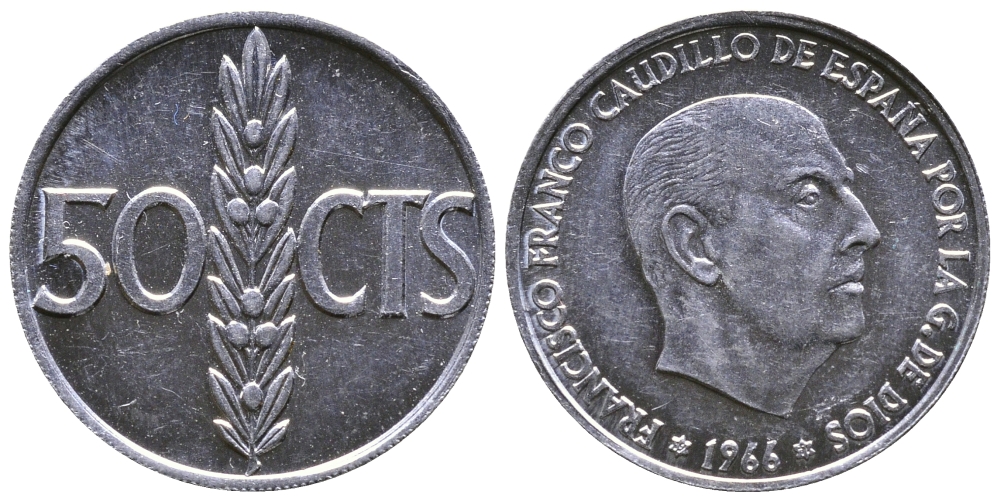 ИСПАНИЯ 50 СЕНТИМО 1966 (71) ФРАНСИСКО ФРАНКО ДИКТАТОР ИСПАНИИ (1939-1975) KM 795 алюминий 26-942