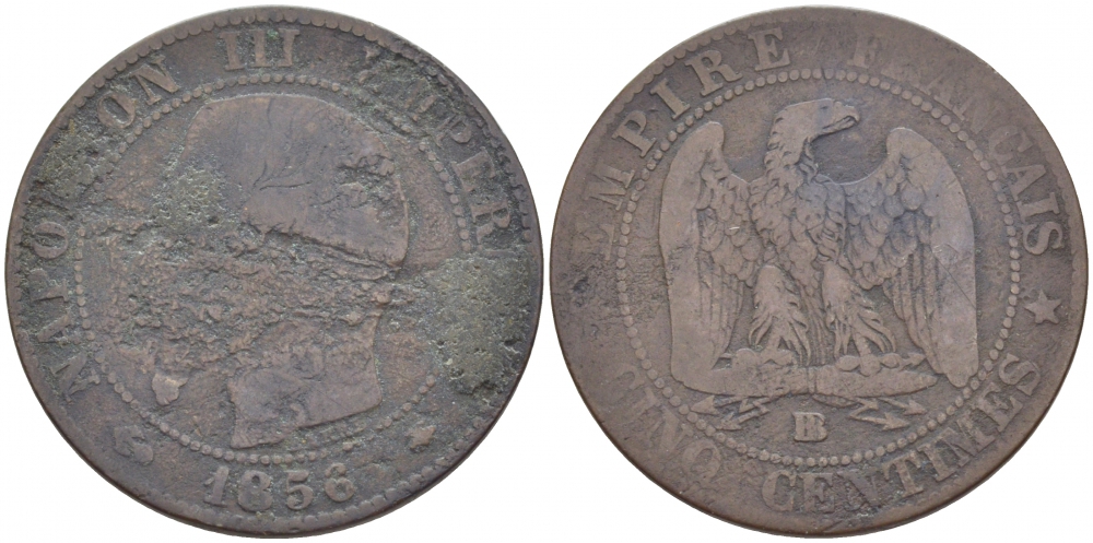 Франция 5 сантимов 1856 BB, Наполеон III (1852-1870) KM 777.3, LA FRANC 116.32 бронза 4448-1244