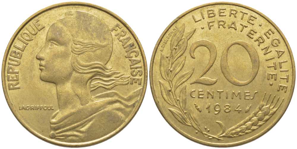 Франция 20 сантимов 1984 тип Marianne KM 930, Le Franс 156.24 медь алюминий никель 175-852