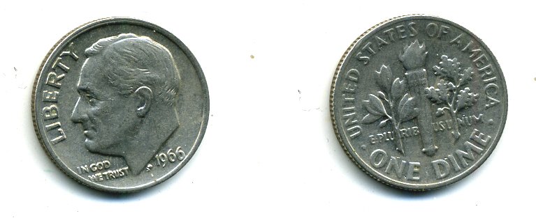 США 10 ЦЕНТОВ = 1 ДАЙМ 1966 РУЗВЕЛЬТ KM 195а медь плакированная медно-никелем 46-2348