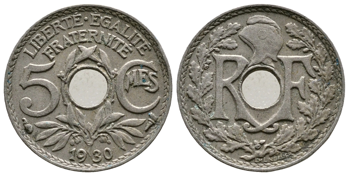 ФРАНЦИЯ 5 САНТИМОВ 1930 ТИП ЛИНДАЙЁ KM 875 медно-никель 4364-1114