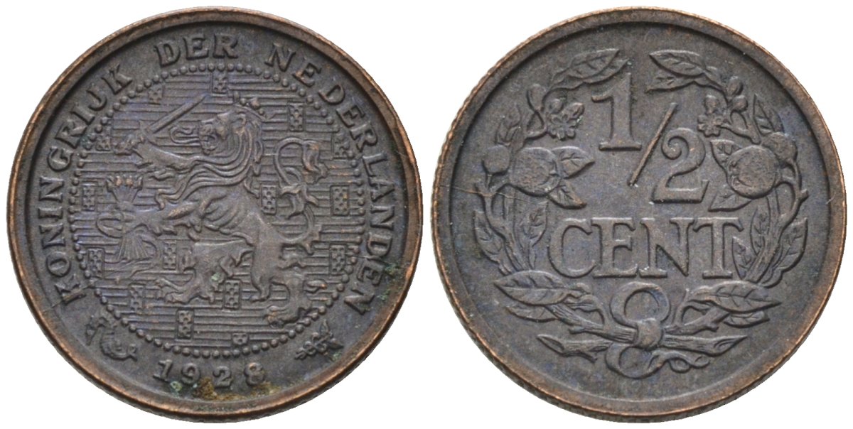 Нидерланды 1/2 цента 1928 Вильгельмина (1890-1948) KM 138 бронза 4576-469