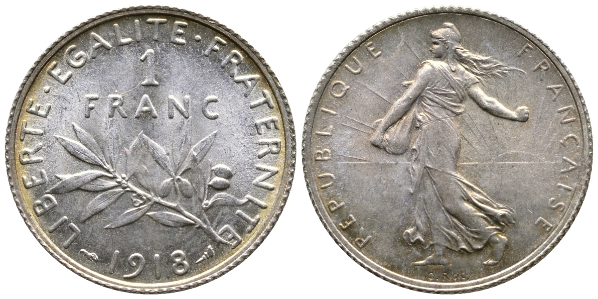 Франция 1 франк 1918 сеятель KM 844.1, Le Franc 217.24 серебро UNC 259-735
