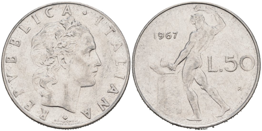 Италия 50 лир 1967 R, Бог огня Вулкан у наковальни KM 95.1 нержавеющая сталь 4571-523