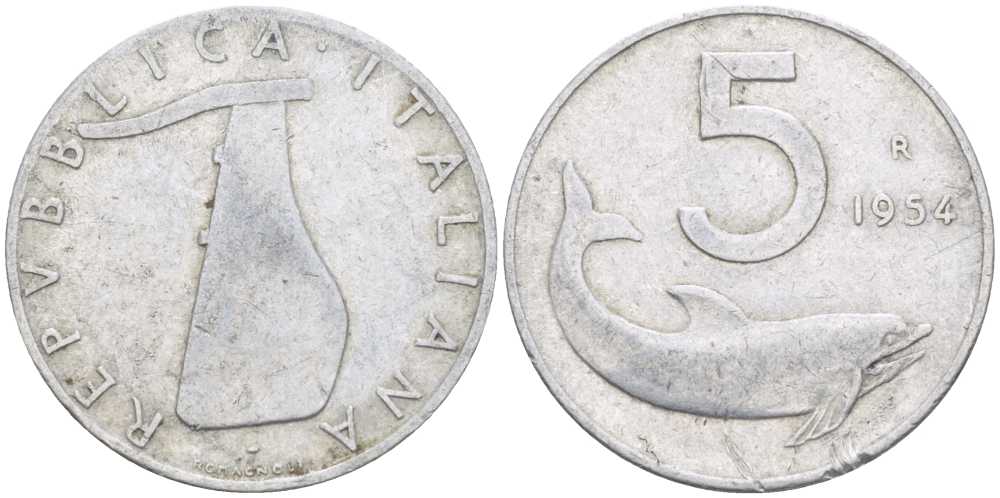 ИТАЛИЯ 5 ЛИР 1954 R, РУЛЬ, ДЕЛЬФИН KM 92 алюминий 95-542
