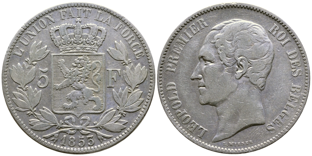Бельгия 5 франков 1853 Леопольд I (1831-1865) KM 17 серебро 00-1067-5-44