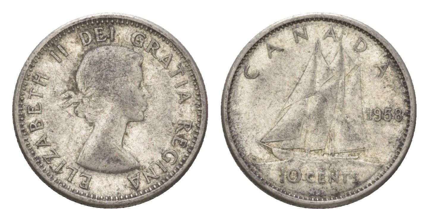 Канада 10 центов 1958 Елизавета II (1952-2022), парусник KM 51 серебро 4623-914
