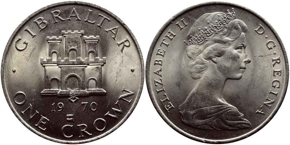Гибралтар 1 крона 1970 Елизавета II (1952-2022), старый замок KM 4 медно-никель UNC 74-814