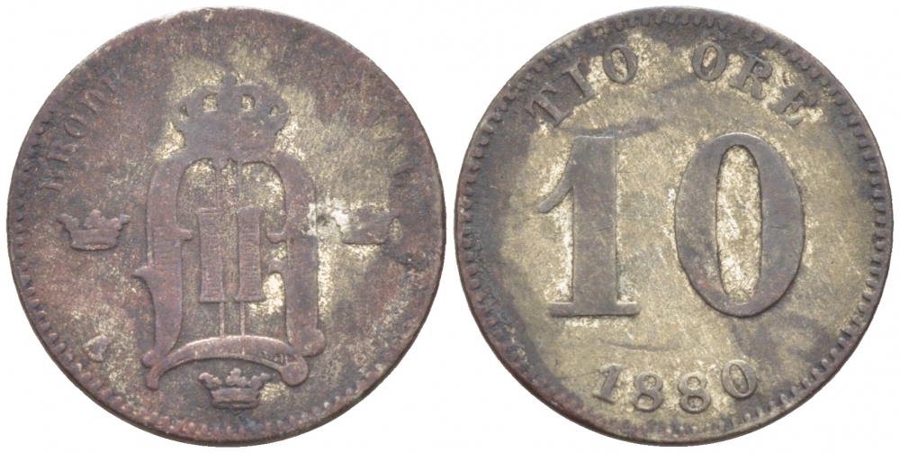 Швеция 10 эре 1880 Оскар II (1872-1907) король Швеции и Норвегии, LARGE LETTERING KM 755 (530) серебро 1515-631