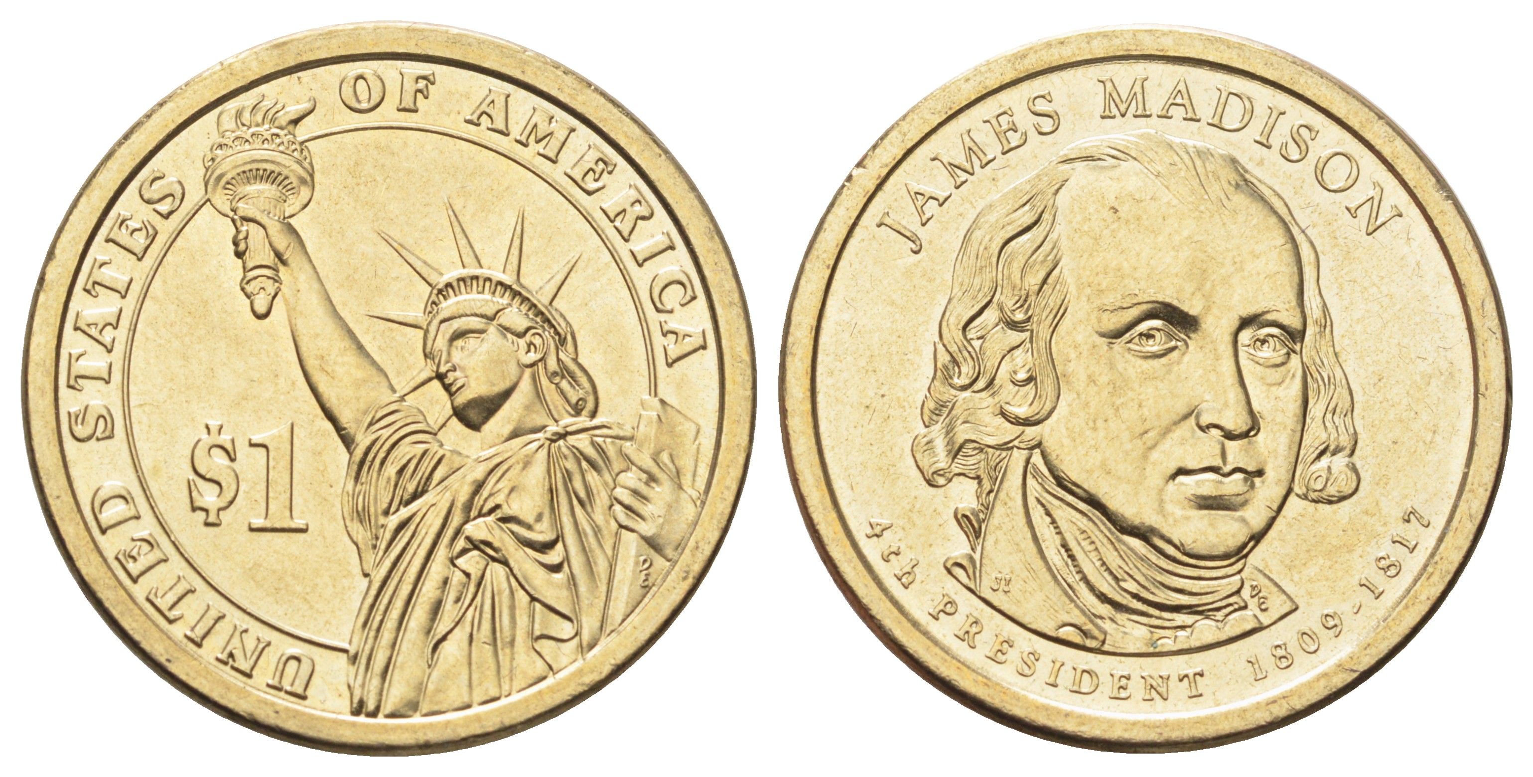 США 1 доллар 2007 Президент США - Джеймс Мэдисон (1809-1817) KM 404 медь с марганцево-латунным покрытием UNC 4699-855