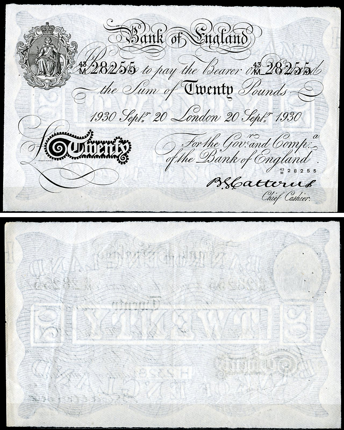 Англия 20 фунтов 1930 Лондон, 20 сентября, Операция "Бернхард", фальшивка в ущерб денежному обращению PW № RB172, Pick 337 a  бумага   444-56-1-1