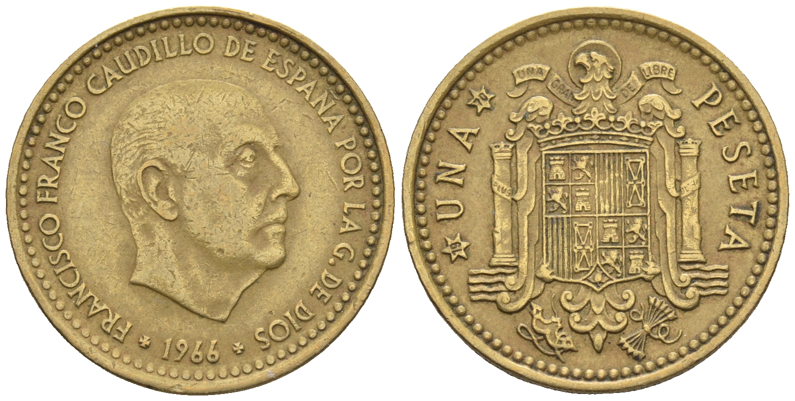 Испания 1 песета 1966 (70) Франциско Франко (1939-1975) КМ 796 алюминиевая бронза 85-655