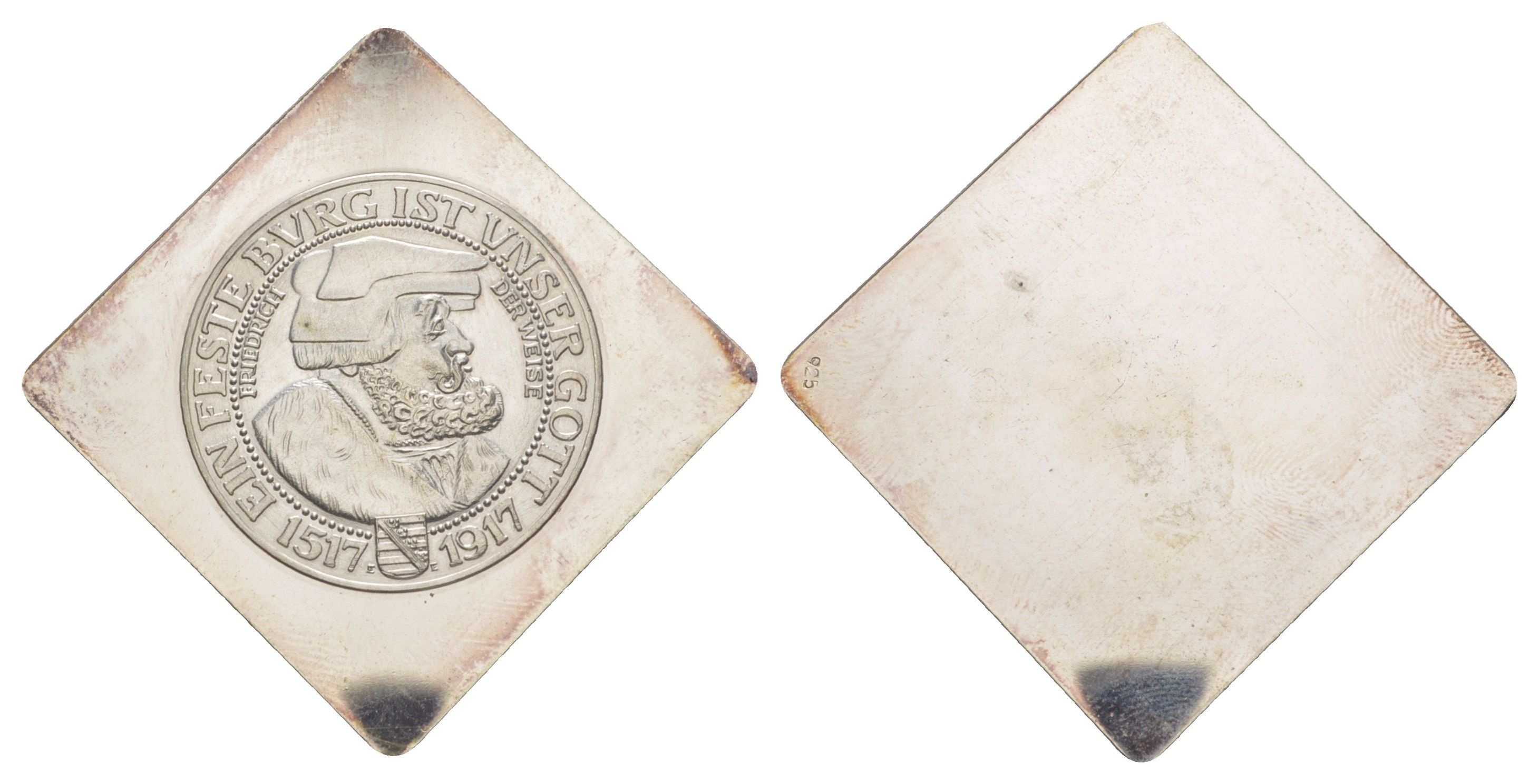 Германия односторонняя клиппа с изображением 3 марочной монеты "400 лет Реформации" 1917 пробный чекан, размер 42x42 мм, вес 20,56 гр типаж - KM 1276 серебро 4044-1315