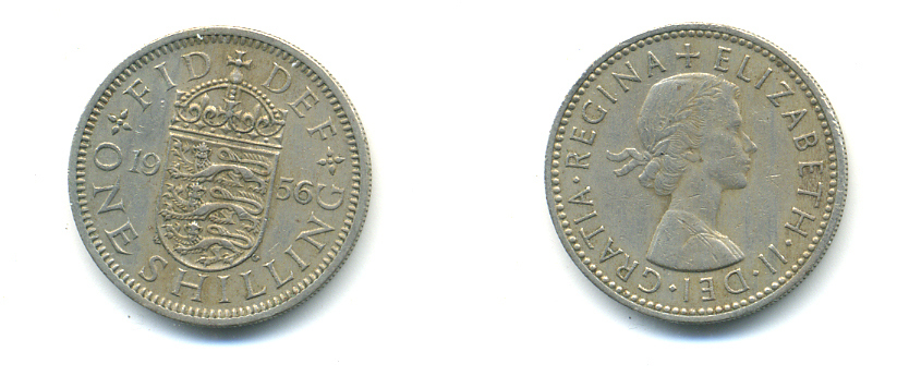 Великобритания 1 шиллинг 1956 Елизавета II (1952-2022), Английский герб KM 904, Spink 4147 медно-никель 83-724