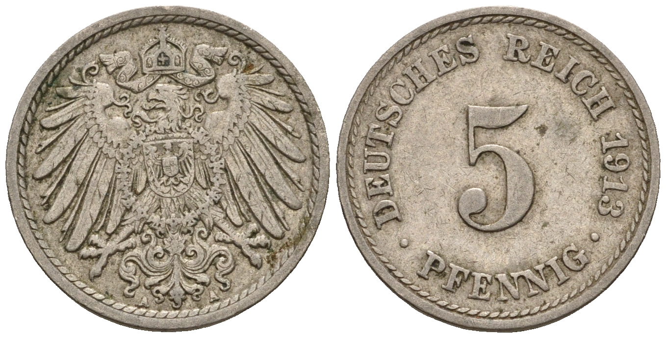 Германия 5 пфеннигов 1913 A, KM 11, J. 12 медно-никель 220-714