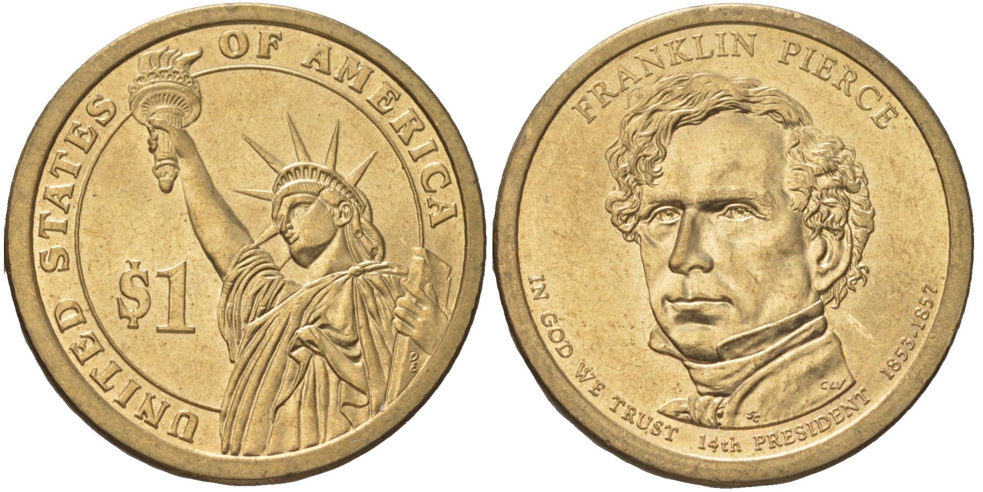 США 1 доллар 2010 P, Президент США - Франклин Пирс (1853-1857) KM 476 медь с марганцево-латунным покрытием UNC 4629-254