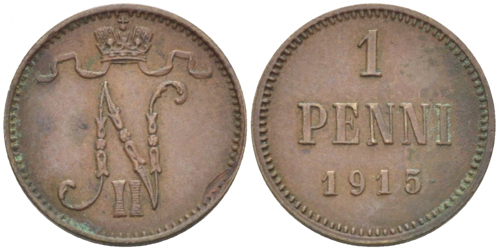 РОССИЯ ДЛЯ ФИНЛЯНДИИ 1 ПЕННИ 1915 НИКОЛАЙ II KM 13, Биткин 475 медь 4396-1449