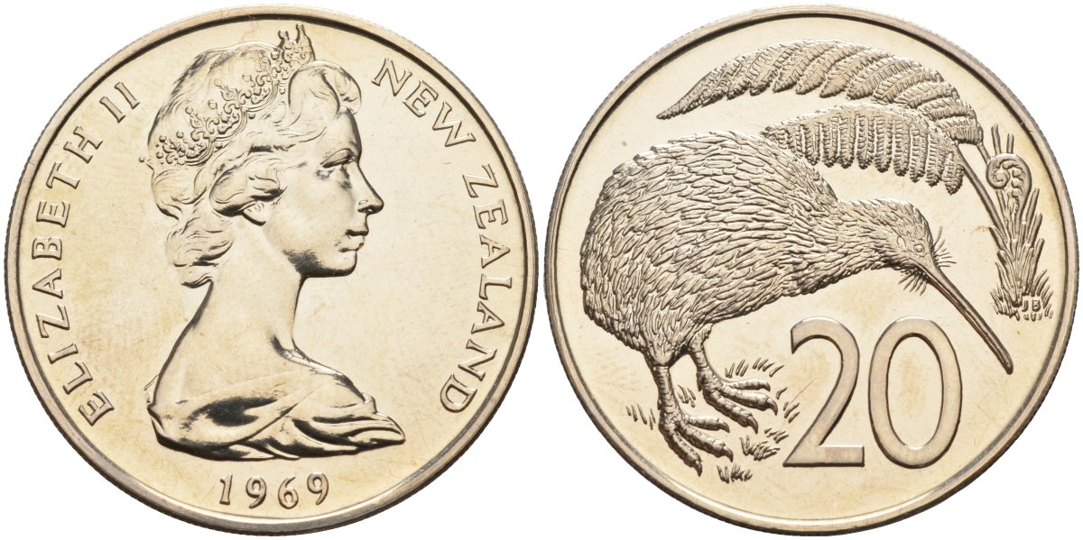 Новая Зеландия 20 центов 1969 Елизавета II (1952-2022), птичка киви KM 36.1 медно-никель UNC 4144-543