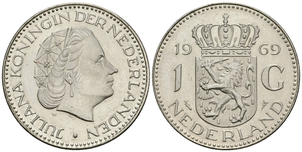 Нидерланды 1 гульден 1969 Юлиана (1948-1980) KM 184a никель UNC 4579-533