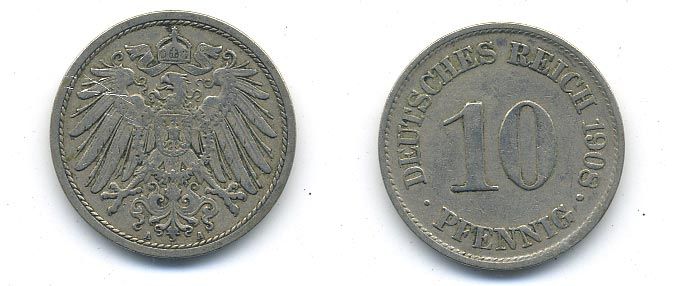 ГЕРМАНИЯ 10 ПФЕННИГОВ 1908 A KM 12, J. 13 медно-никель 58-341