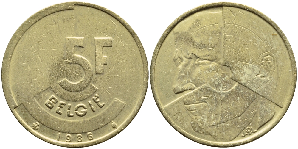 БЕЛЬГИЯ 5 ФРАНКОВ 1986 BELGIE KM 164 латунь или алюминевая бронза 4110-1232