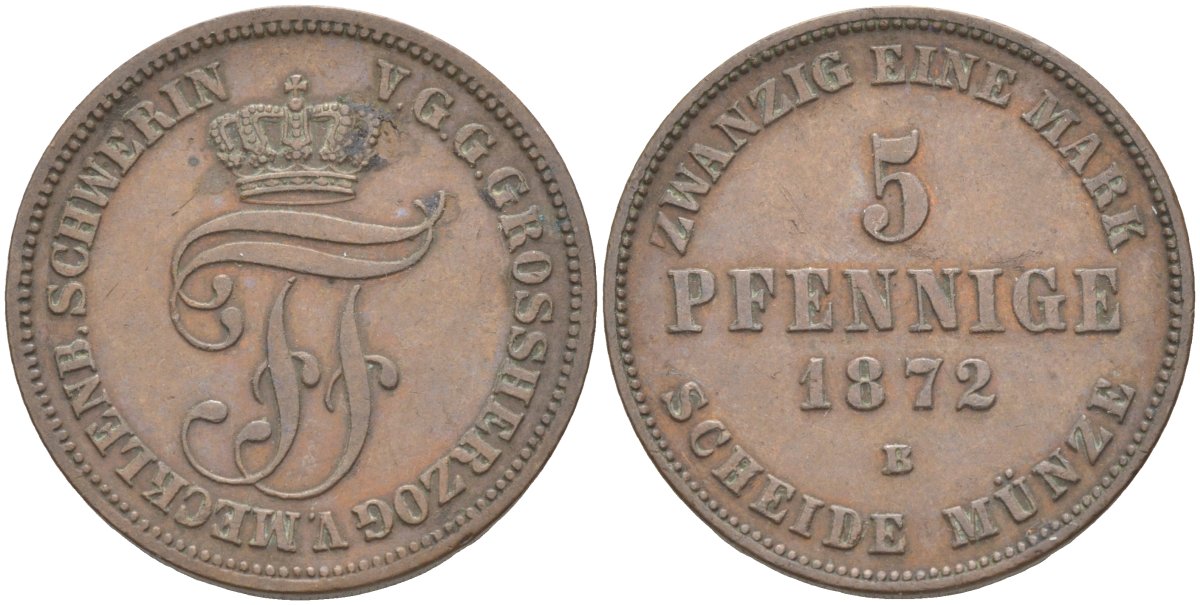 Мекленбург-Шверин 5 пфеннигов 1872 В, Фридрих Франц II (1842-1883) KM 317 (C104), Jaeger 62, AKS 45 медь 00-00