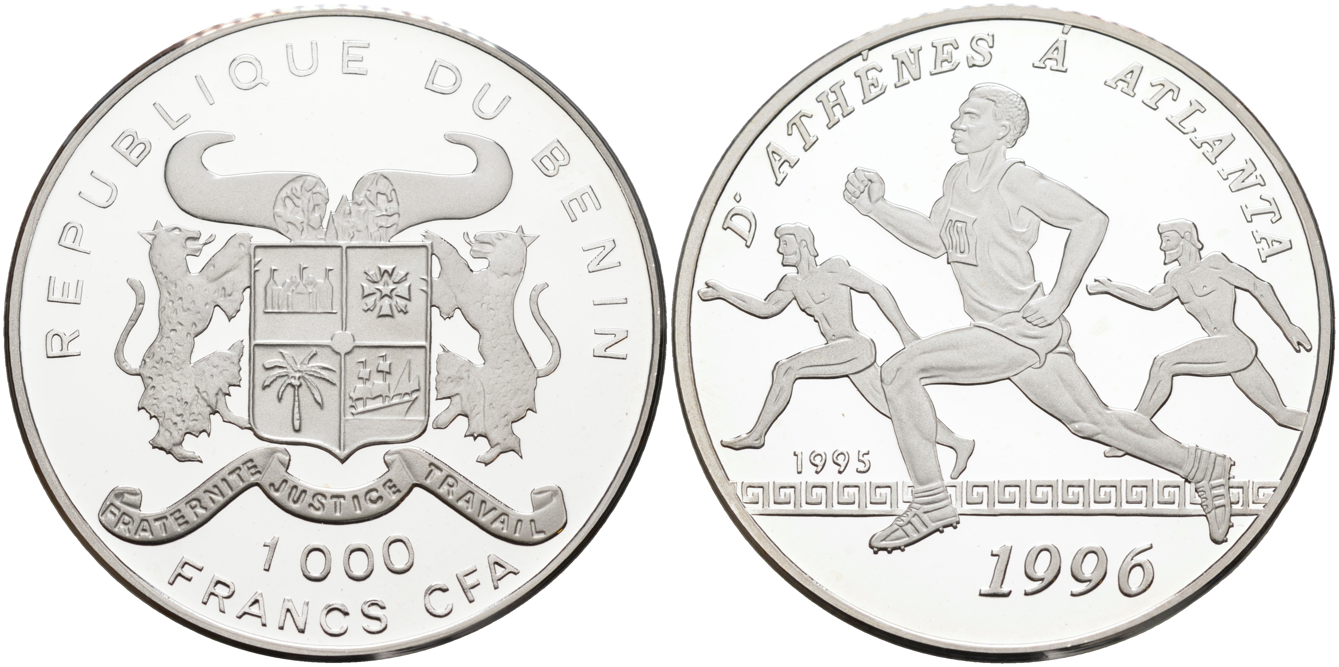 Бенин 1000 франков 1995 XXVI Олимпийские игры 1996 в Аталанте, бег KM 12 серебро PROOF 02-078-25