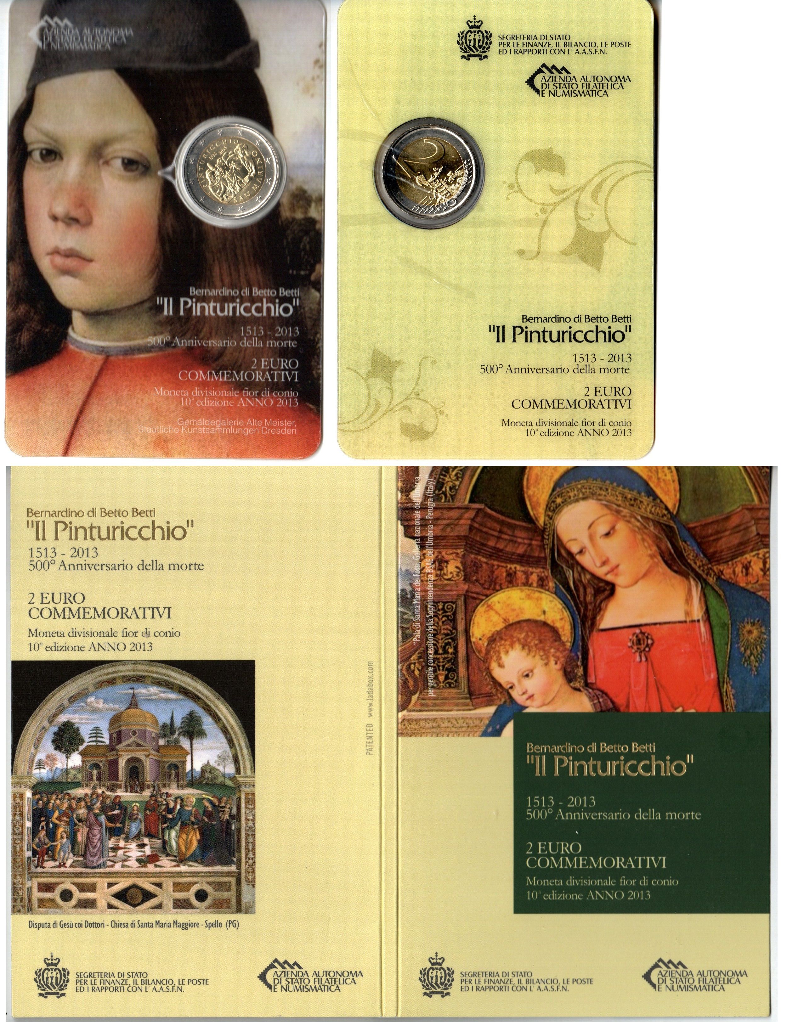 Сан-Марино 2 евро 2013 500 лет со дня смерти Пинтуриккьо, в оригинальном буклете KM 294 биметалл UNC 8-2-01-12