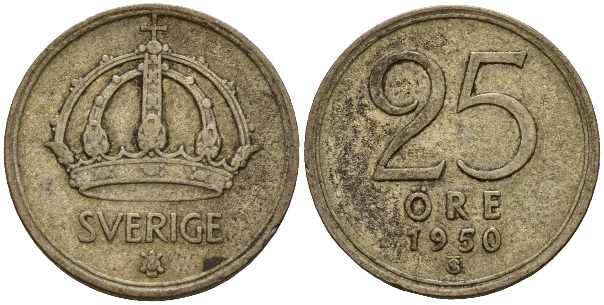 Швеция 25 эре 1950 Густав V (1907-1950) KM 816 серебро 4154-1167