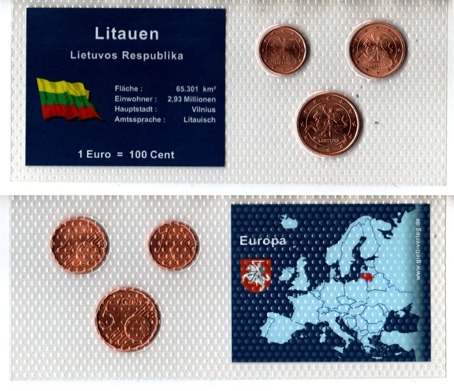 Литва набор из 3 монет (1, 2 и 5 евроцентов) 2015 в красочной упаковке с информацией о стране KM 205, 206 и 207 сталь плакированная медью UNC 5-4-1-112
