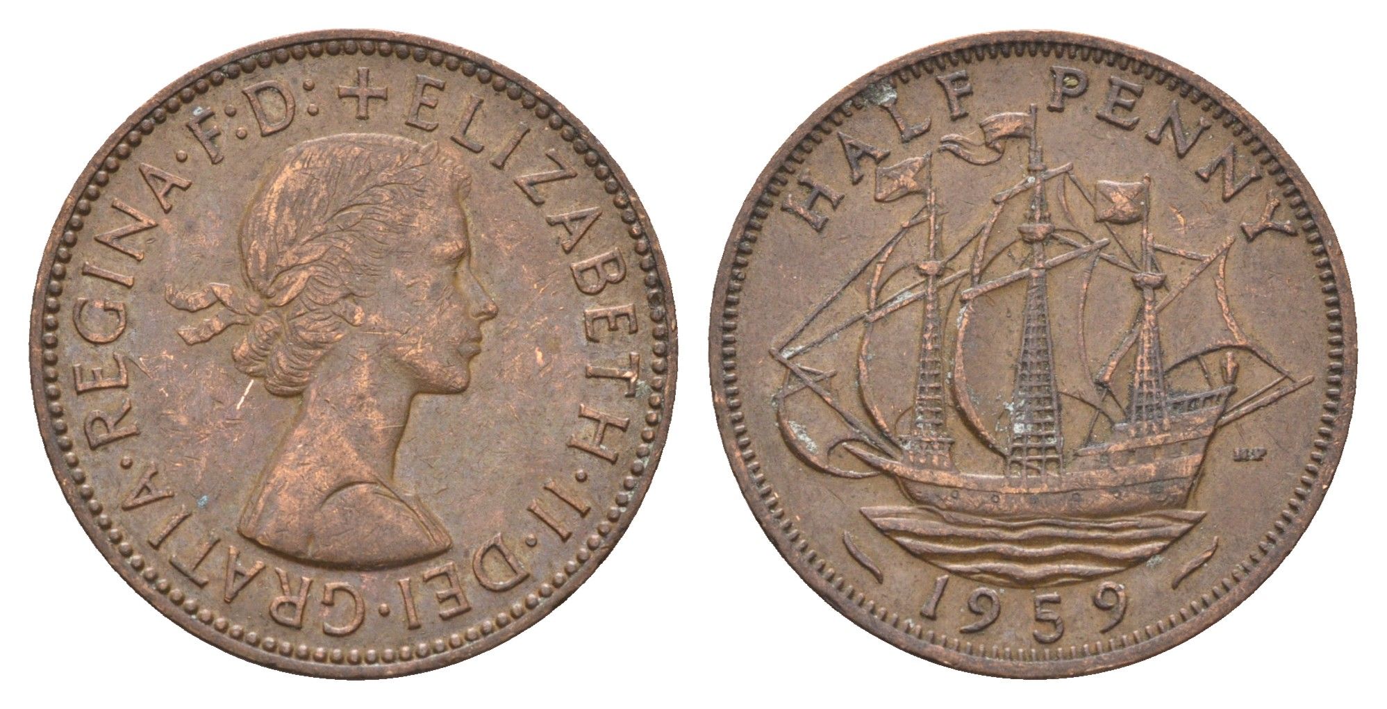 Великобритания 1/2 пенни 1959 Елизавета II (1952-2022) KM 896, Spink 4158 бронза 4662-1155