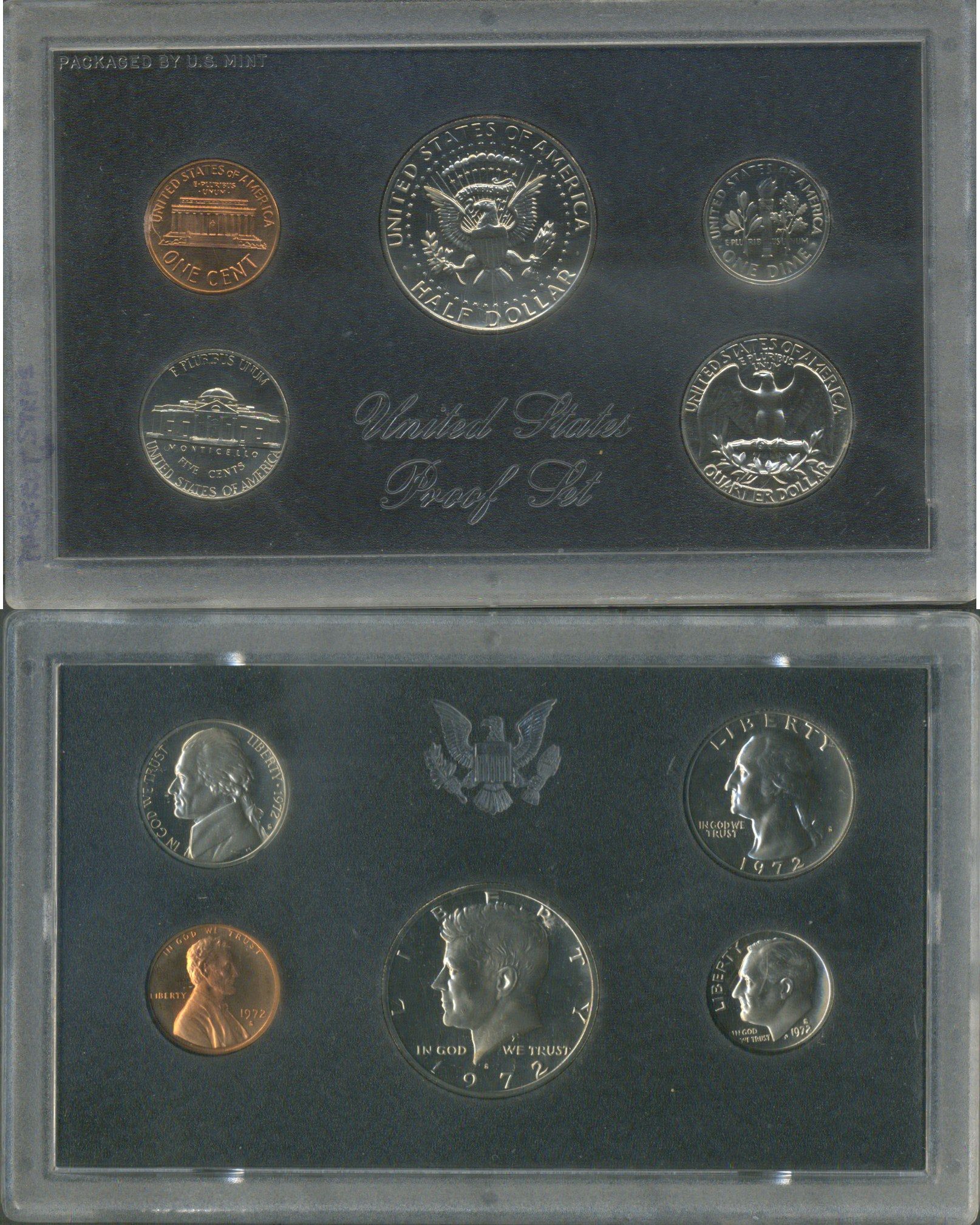 США набор из 5 монет (1, 5, 10 (дайм), 25 (квотер, 1/4 доллара) и 50 (1/2 доллара) центов) 1972 в оригинальной упаковке KM PS134 (164a, A192, 195a, 201 и 202b) PROOF 8-2-06-80