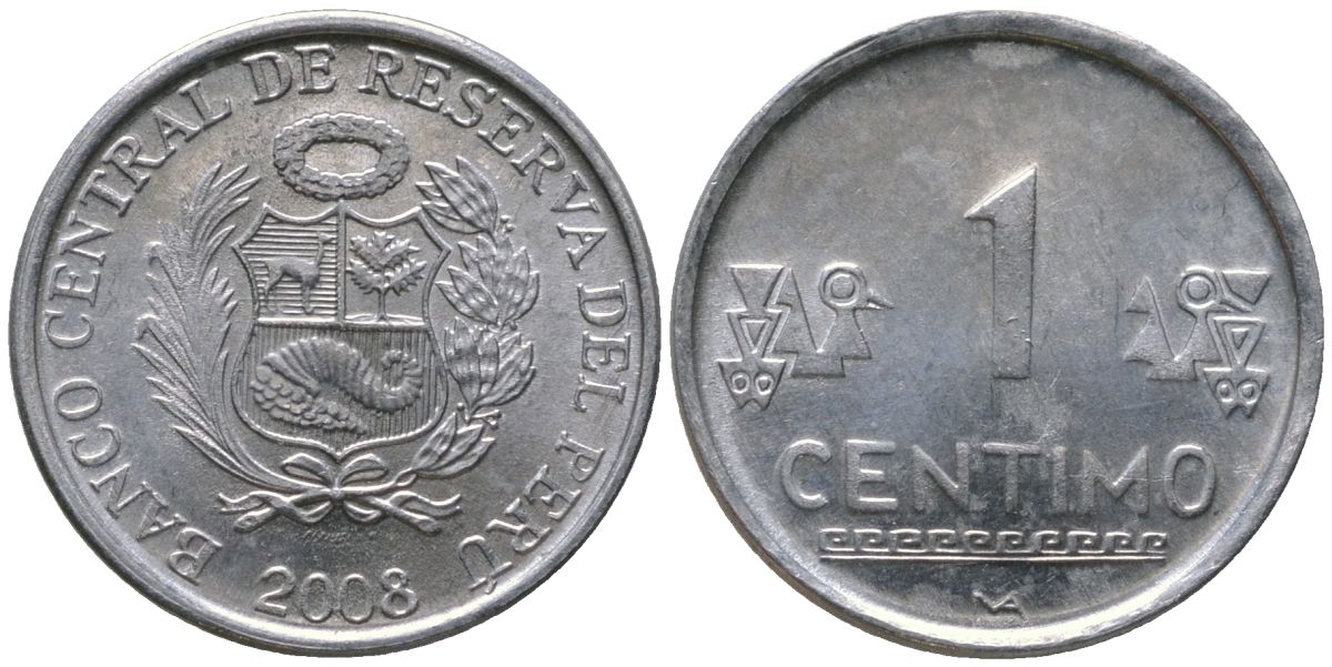 Перу 1 сентимо 2008 LIMA KM 303.4a, Schon 102a алюминий UNC 4532-1124