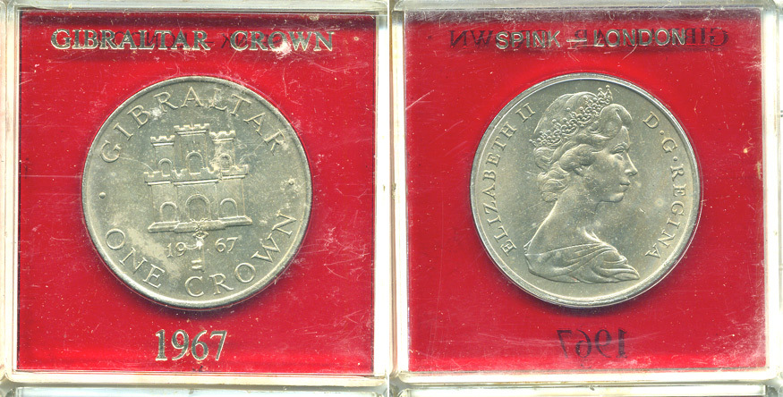 Гибралтар 1 крона 1967 Елизавета II (1952-2022), старый замок, в оригинальной пластиковой коробке, первый год чекана KM 4 медно-никель UNC 6-6-1-19