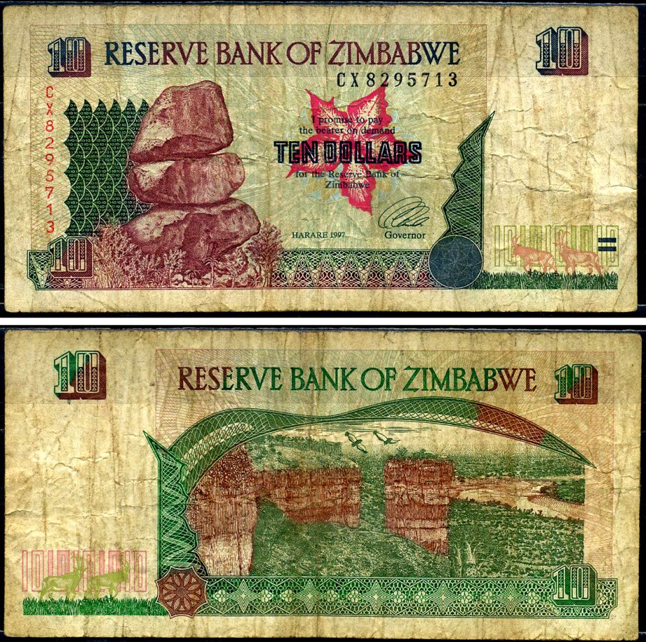 Зимбабве 10 долларов 1997 Гонарежу, национальный парк Pick 6 a бумага 7548-4-2-1