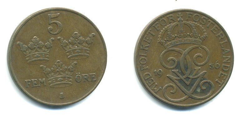 ШВЕЦИЯ 5 ЭРЕ 1936 KM 779.2 бронза 04-1011