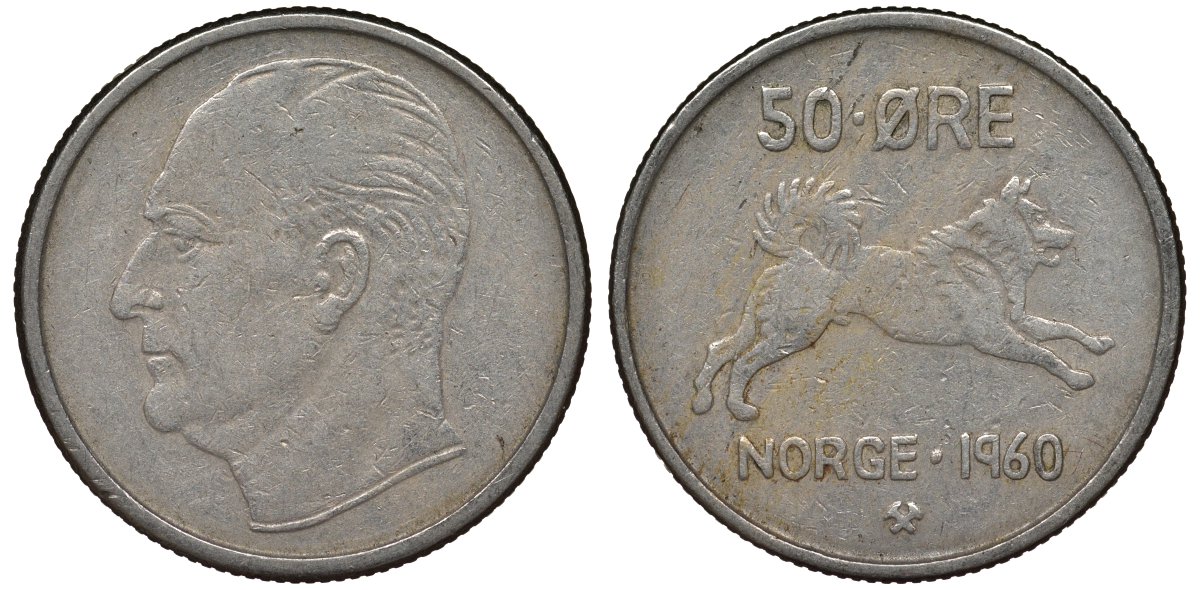 Норвегия 50 эре 1960 Улаф V (1957-1991), собака KM 408 медно-никель 4128-1127