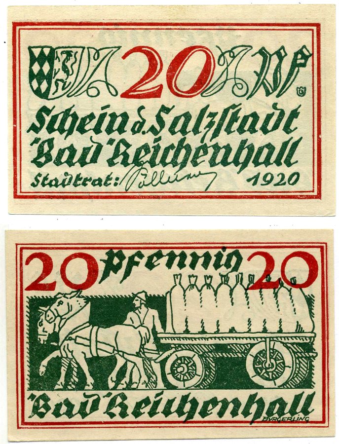 Бад-Райхенхалль 20 пфеннигов 1920 август 1921, нотгельд, земля Бавария Grabowski R22.8 бумага 2195-22-3-2