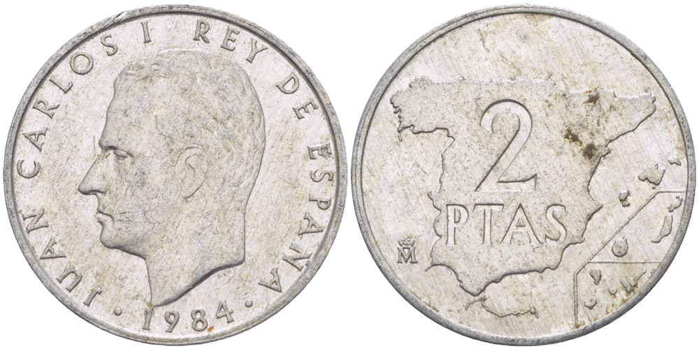 ИСПАНИЯ 2 ПЕСЕТЫ 1984 ХУАН КАРЛОС I ( 1975-) KM 822 алюминий 216-436