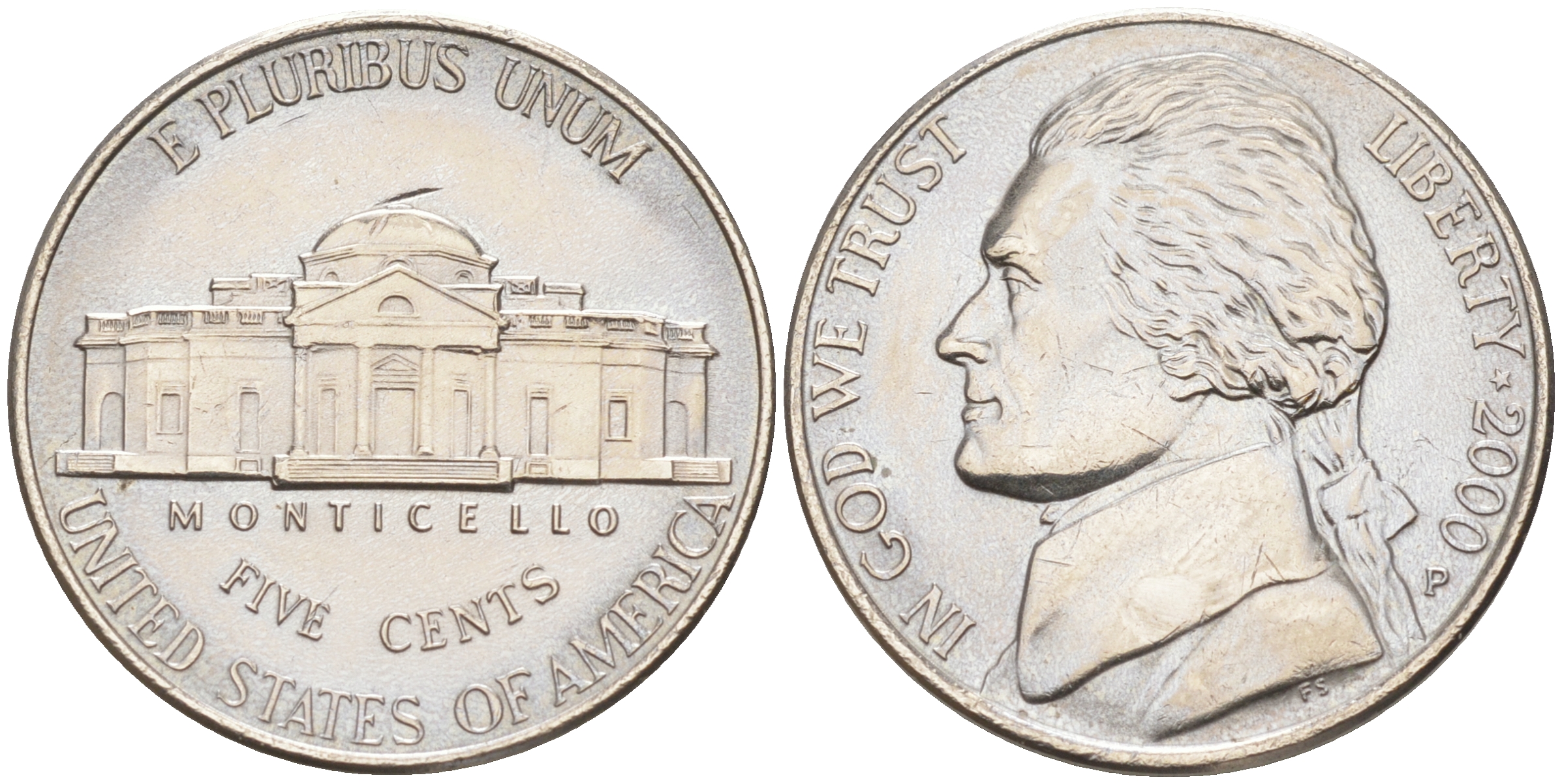 США 5 ЦЕНТОВ 2000 P ДЖЕФФЕРСОН KM A192 медно-никель 190-221