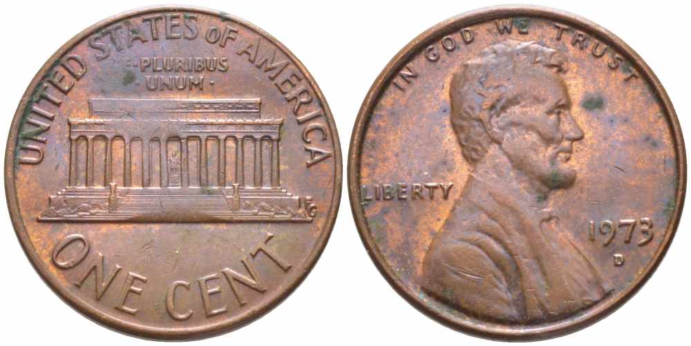 США 1 ЦЕНТ 1973 D, ЛИНКОЛЬН KM 201 медь цинк 112-412